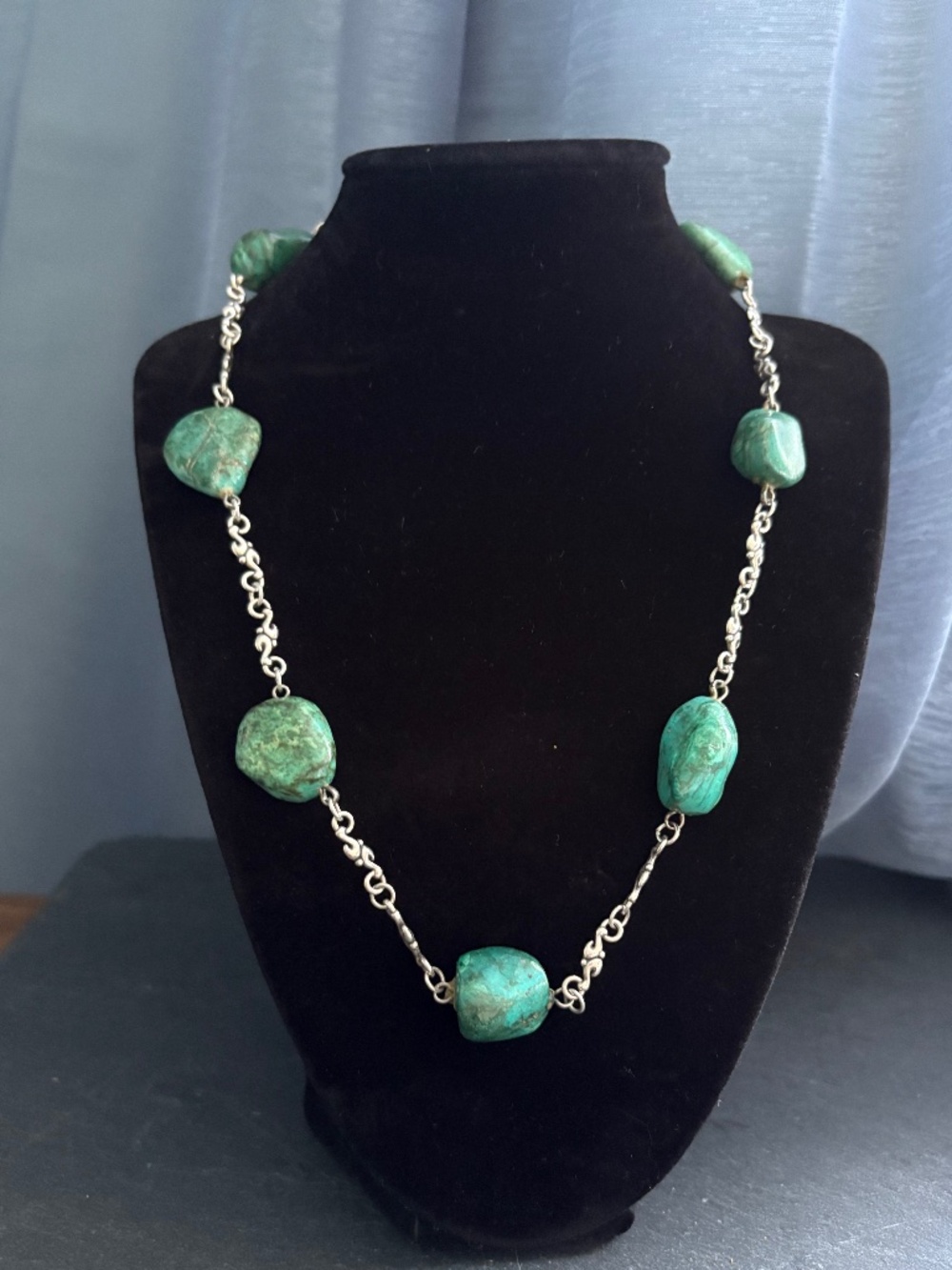 Vintage Southwestern Raw Turquoise Nugget Station Necklace Artisan Silver Toggle